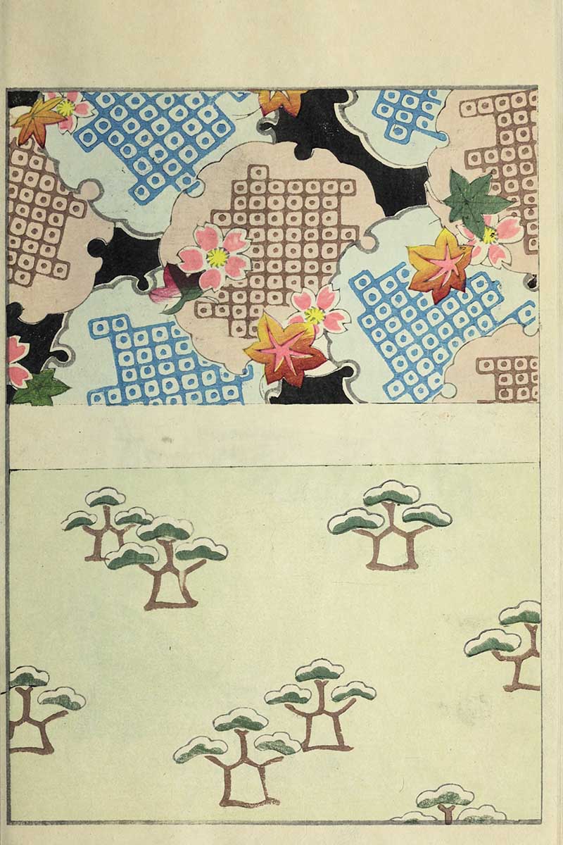 Japanese textile patterns with cloud-shaped lattice forms on black with cherry blossoms and maple leaves plus minimalist pine trees on cream vintage Nippon collection