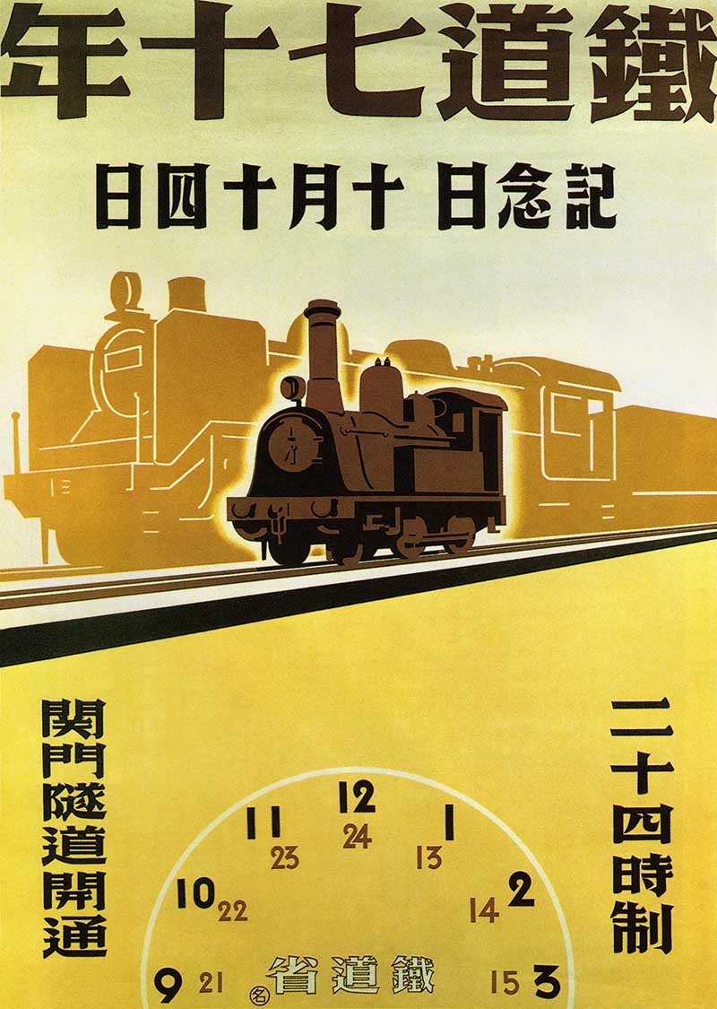Steam locomotives and 24-hour clock in brown and golden yellow tones, celebrating 70 years of railway, vintage Japanese travel poster