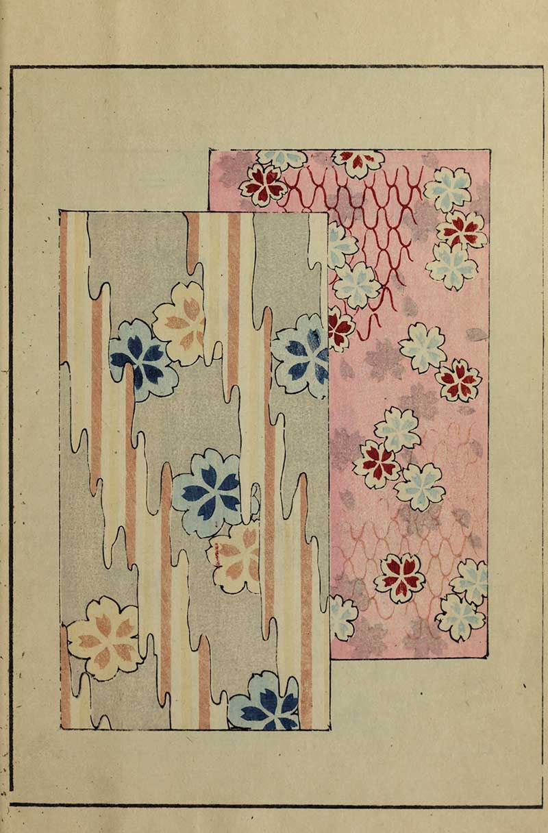 Pink and blue cherry blossoms with flowing stripes and net motifs on soft pastel grounds, vintage Nippon collection