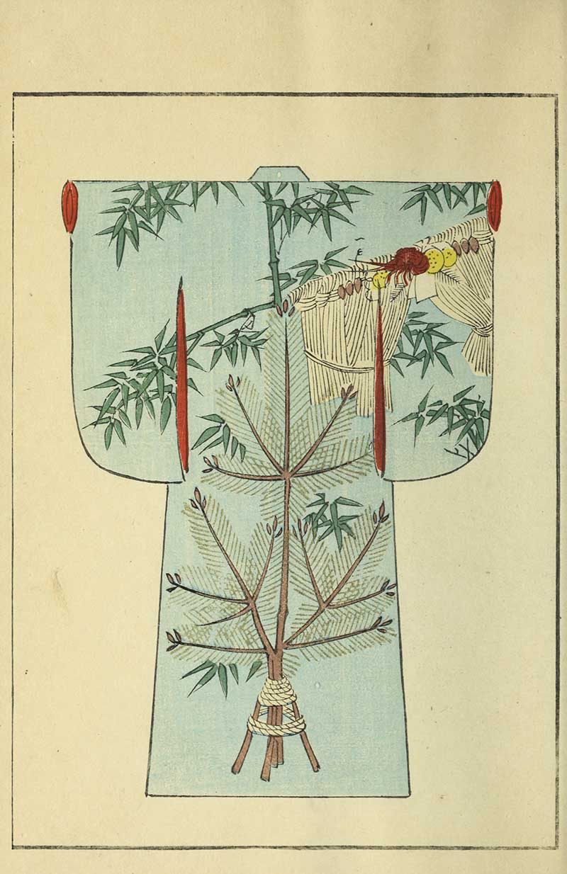 Light blue kimono with green bamboo, red accents, and bundled pine branch design, vintage Nippon collection