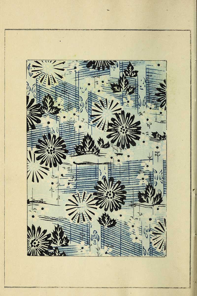 Japanese textile pattern with bold black chrysanthemum blooms and serrated leaves on light blue background with diagonal hatched lines vintage Nippon collection