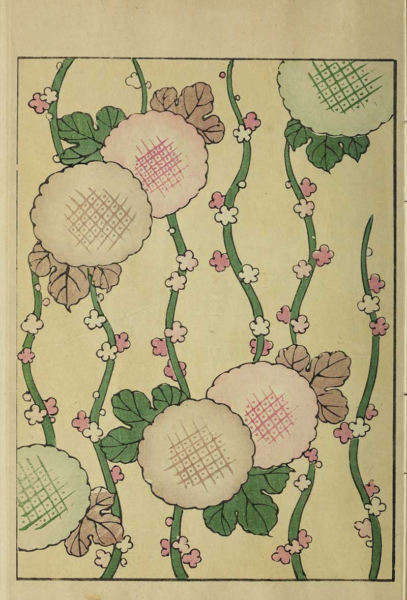 Pink crosshatched blossoms with green vines and small pink flowers on pale yellow background, vintage Nippon collection