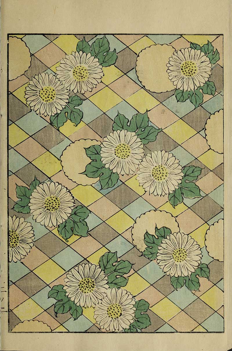 White chrysanthemums with green leaves on pastel yellow, pink, and blue diamond grid, vintage Nippon collection