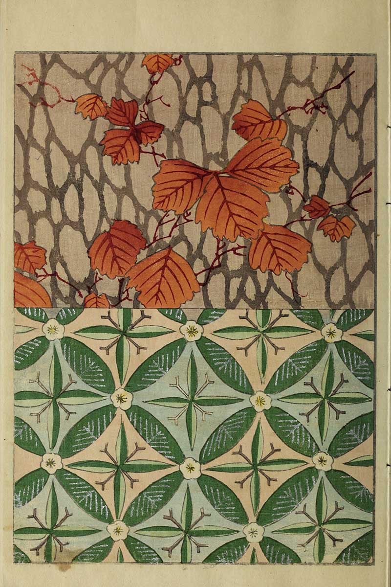 Japanese textile patterns with orange-red autumn maple leaves on grey crackled background and geometric overlapping green leaves with white flowers vintage Nippon collection