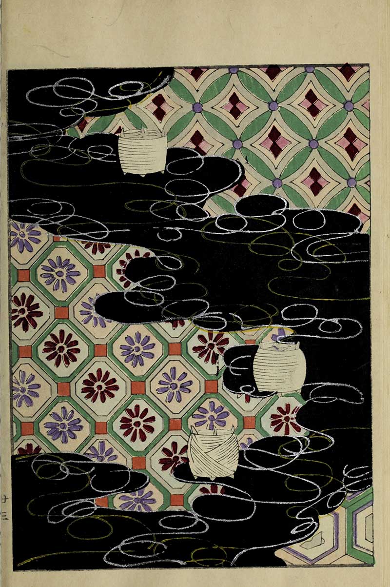 Japanese textile pattern with geometric floral motifs including shippo circles and chrysanthemum tiles emerging through silver gold cloud scrolls on black vintage Nippon collection