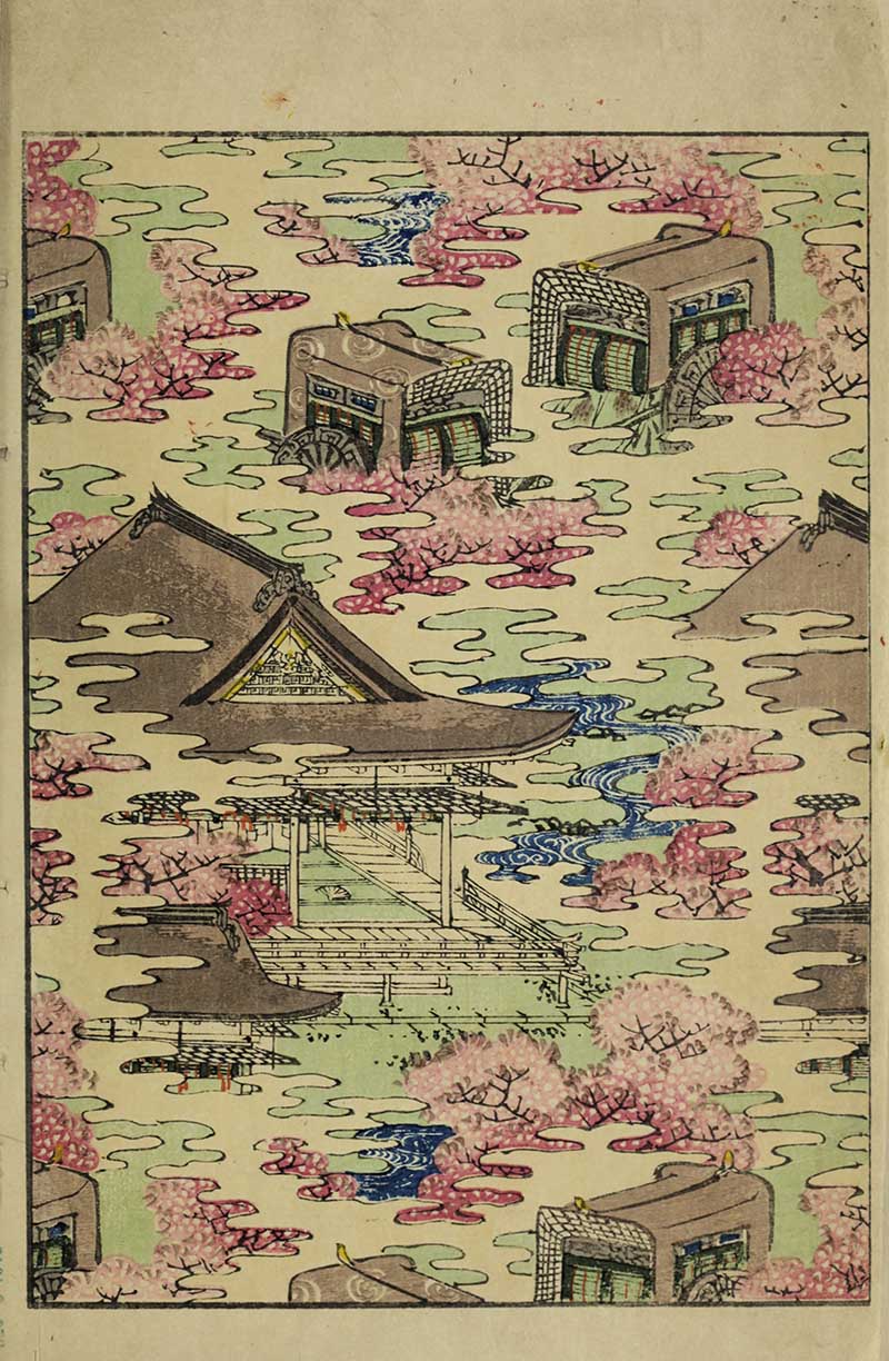 Japanese textile pattern with temple architecture and ox-drawn carriages among pink cherry blossoms blue streams and stylized clouds vintage Nippon collection