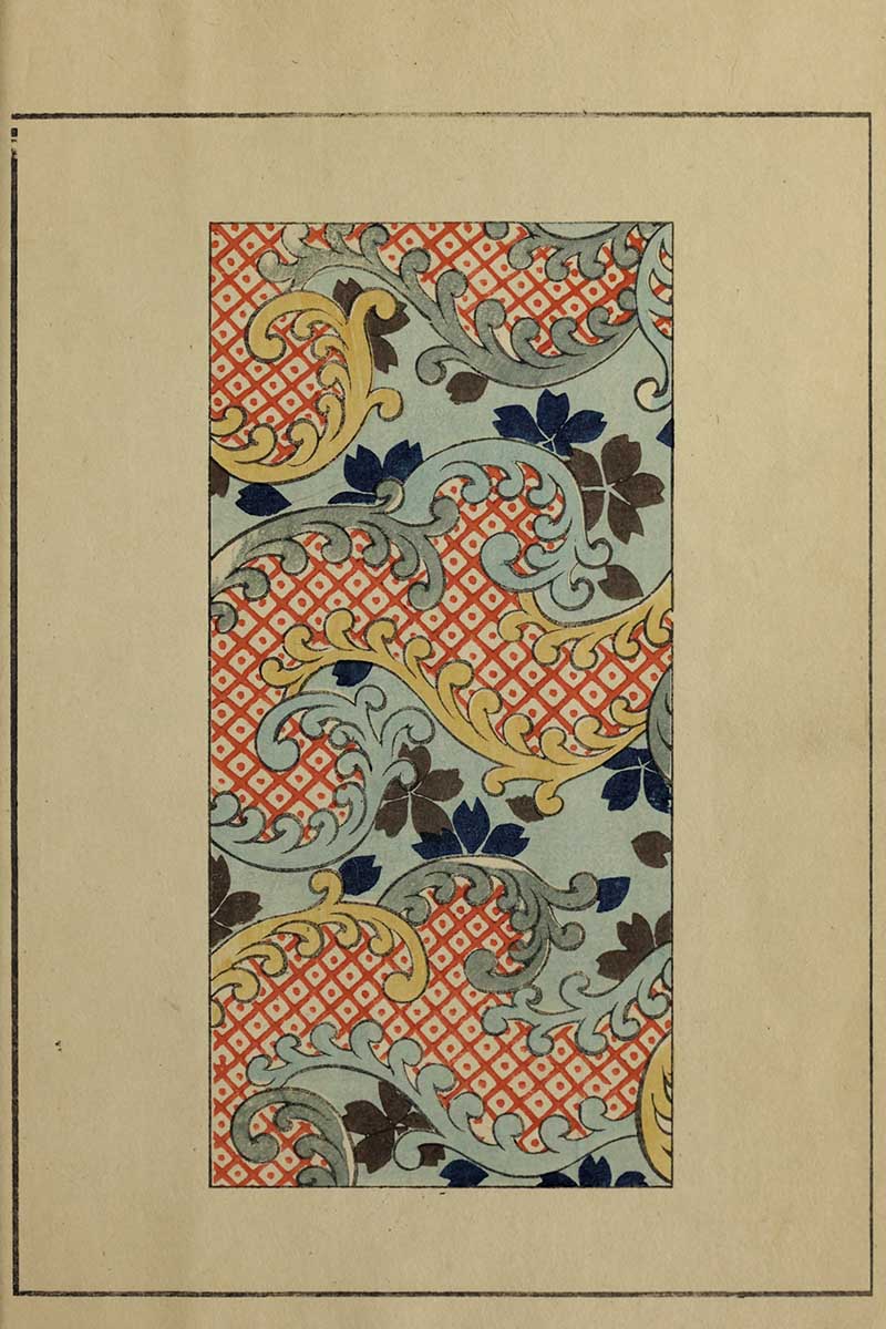 Japanese textile pattern with sweeping arabesque scrollwork in blue and gold over red diamond lattice with maple leaves vintage Nippon collection