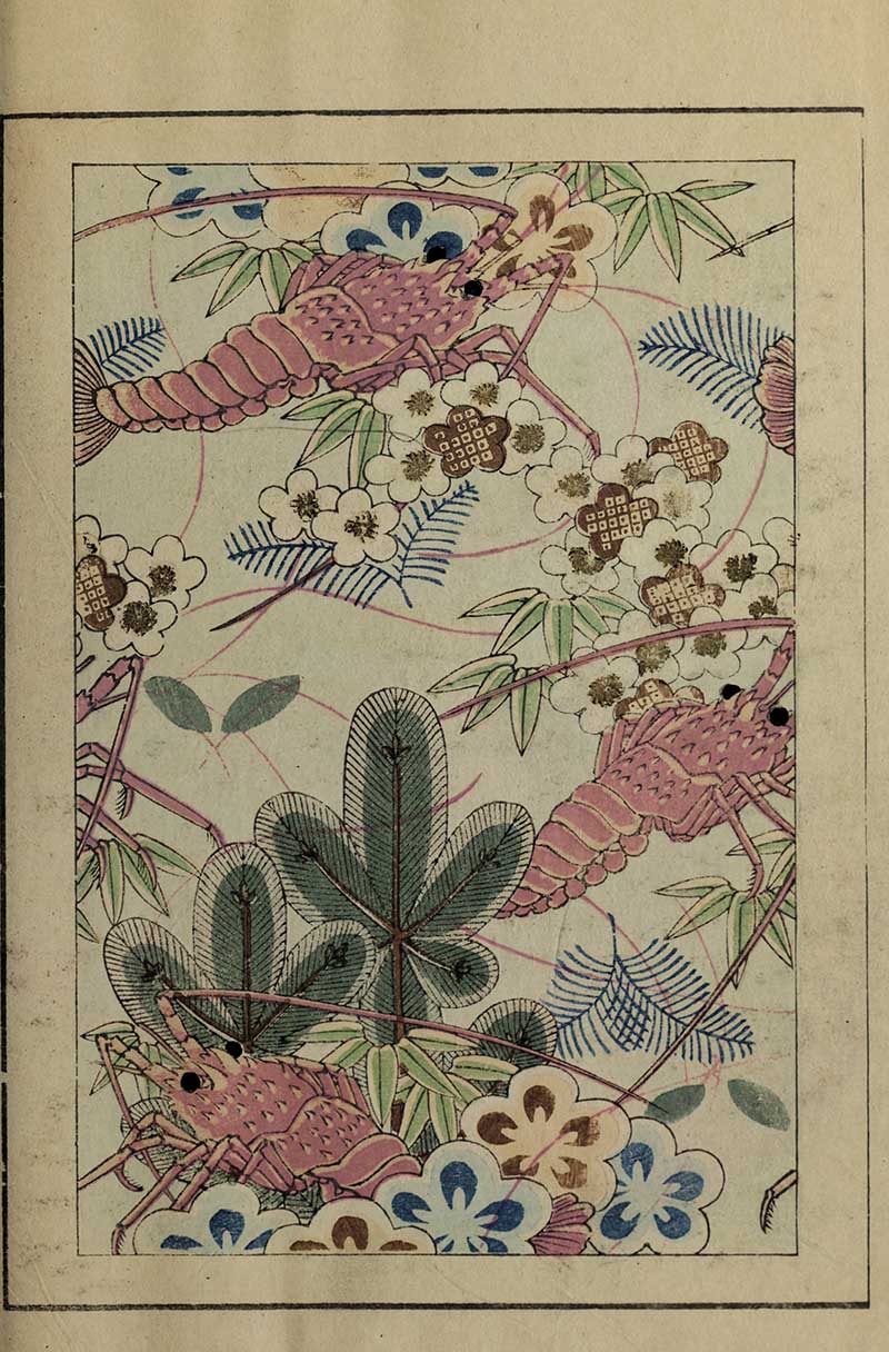 Japanese textile pattern with pink lobsters amid plum blossoms bamboo leaves and pine sprigs in soft pink green blue and gold vintage Nippon collection
