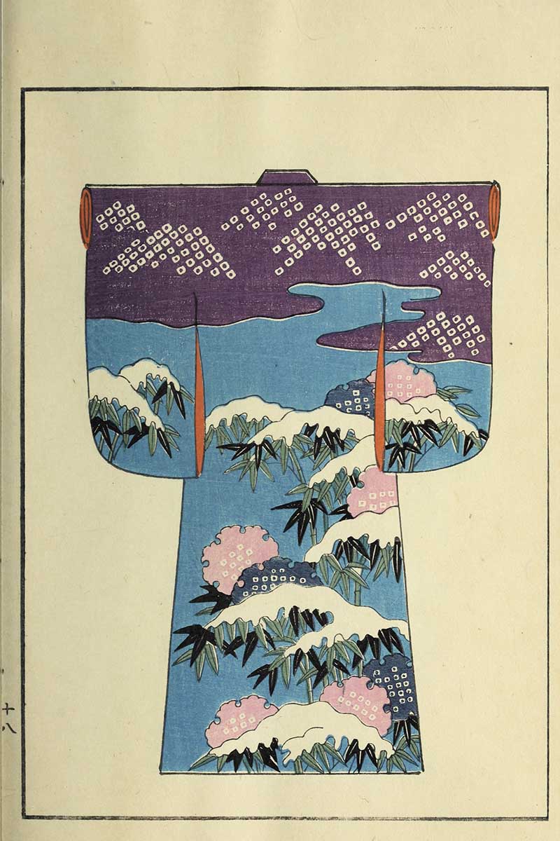 Purple and blue kimono with snow-covered bamboo, pink clouds, and white shibori dots, vintage Nippon collection