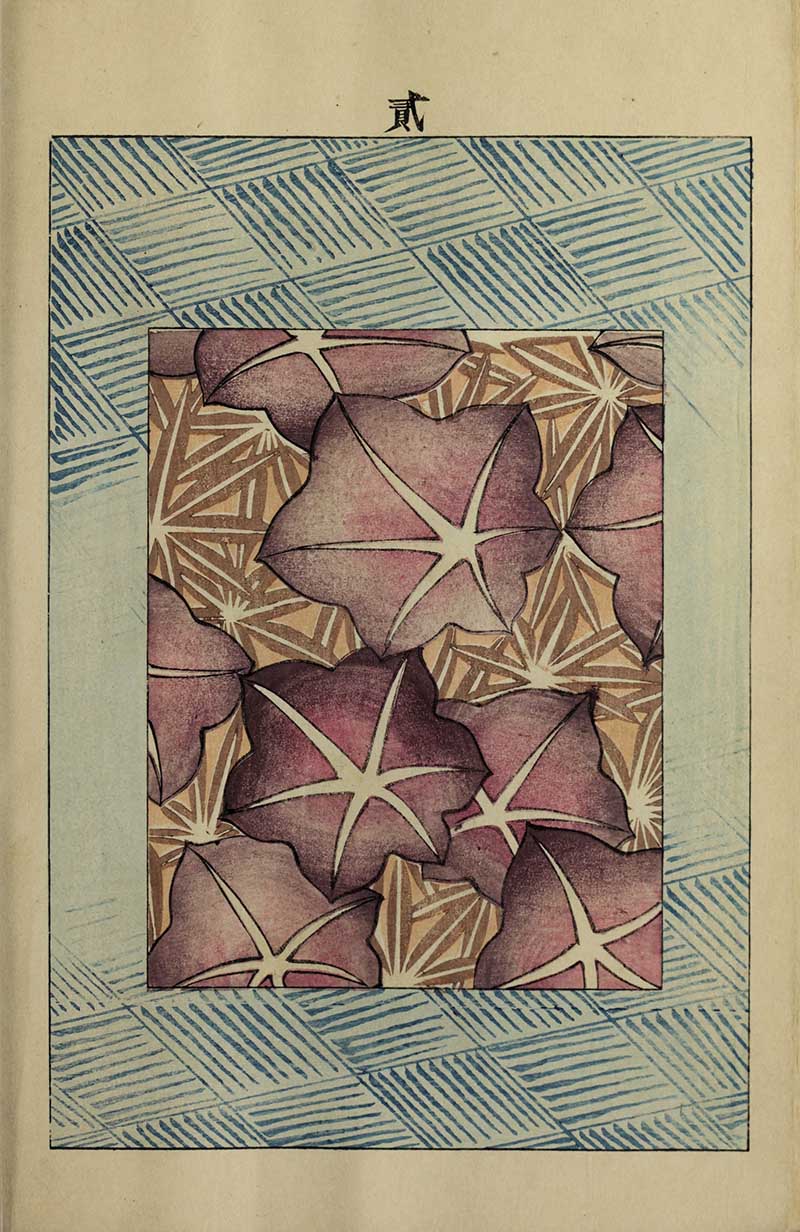 Japanese textile pattern with overlapping morning glory leaves in pink and mauve on gold background with blue crosshatched basketweave border vintage Nippon collection