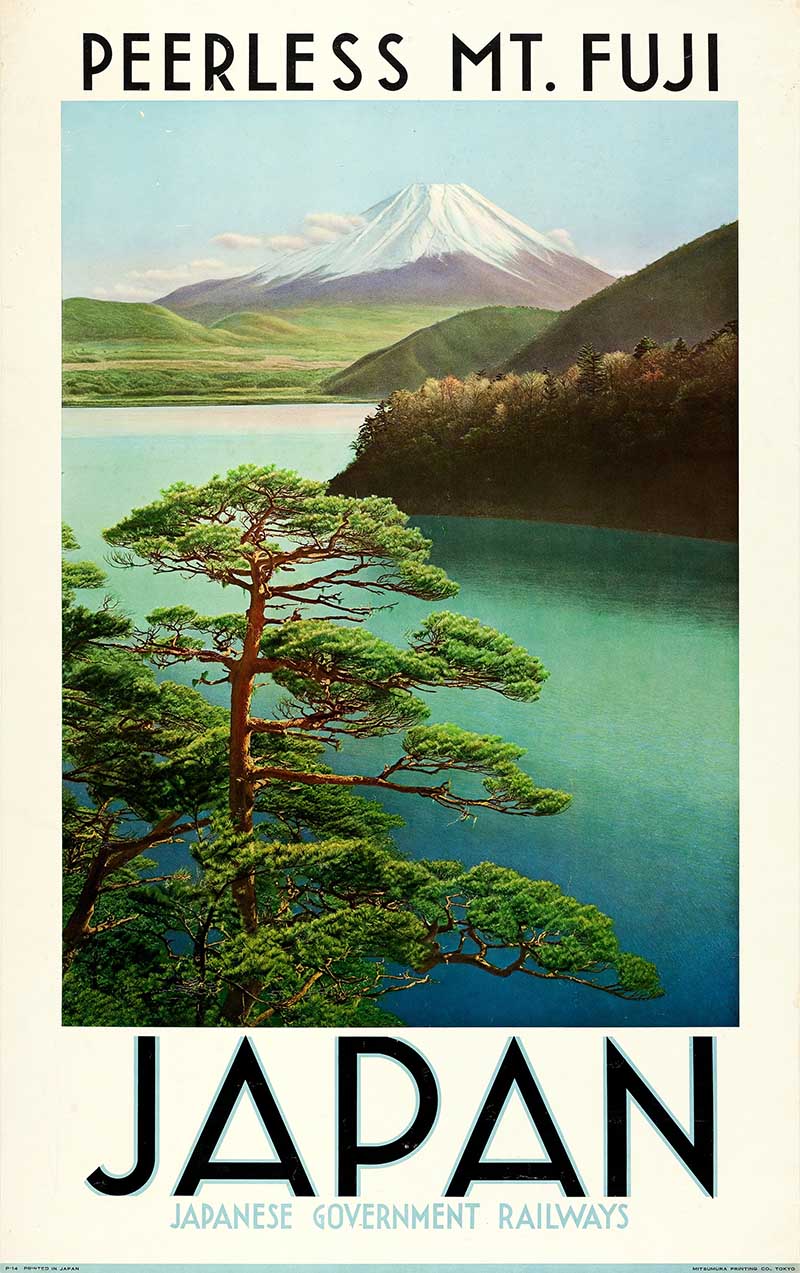 Snow-capped Mt. Fuji rising above a turquoise lake with green pine trees and lush hills in a vintage Japanese travel poster