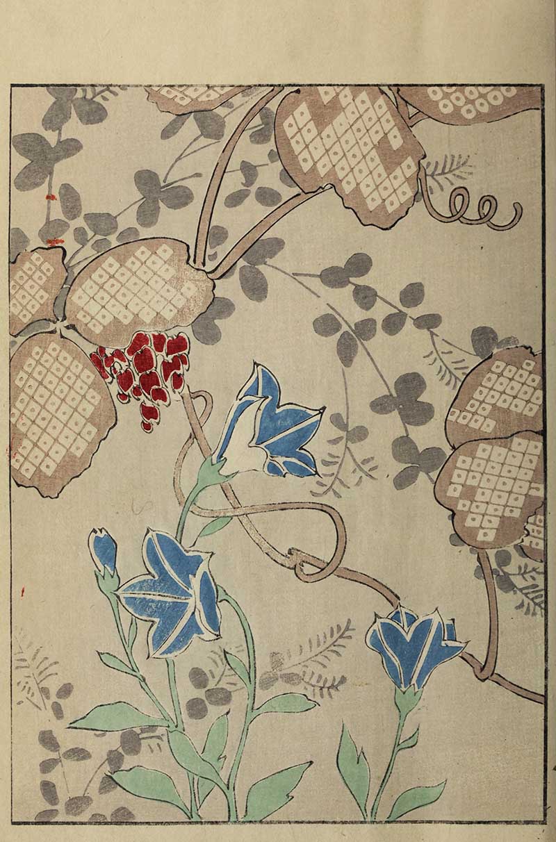 Blue morning glories, red berries, and diamond-patterned gourds with twining vines on cream ground, vintage Nippon collection