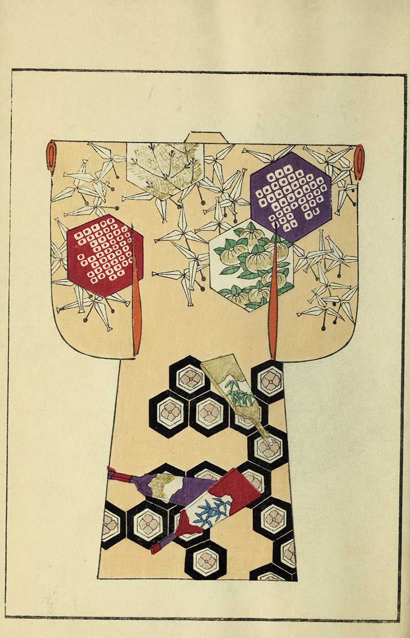 Cream kimono with paper cranes, red and purple hexagons, black tortoiseshell motifs, and floral accents, vintage Nippon collection
