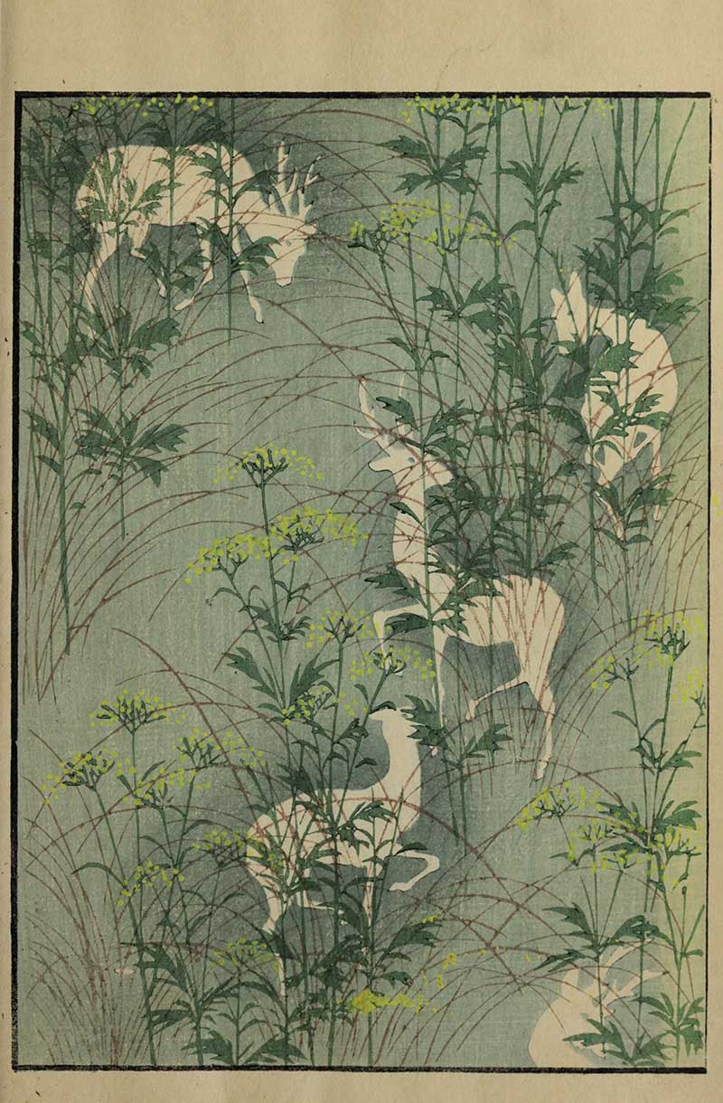Japanese textile pattern with white deer silhouettes among tall autumn grasses and yellow wildflowers on blue-green background vintage Nippon collection