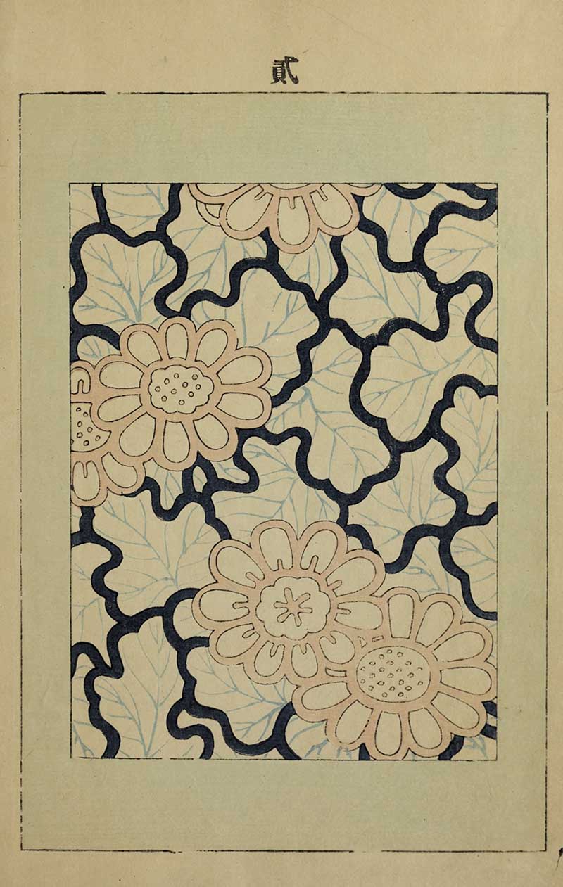 Pink chrysanthemums with dark indigo wavy vines and pale blue leaves on cream background, vintage Nippon collection