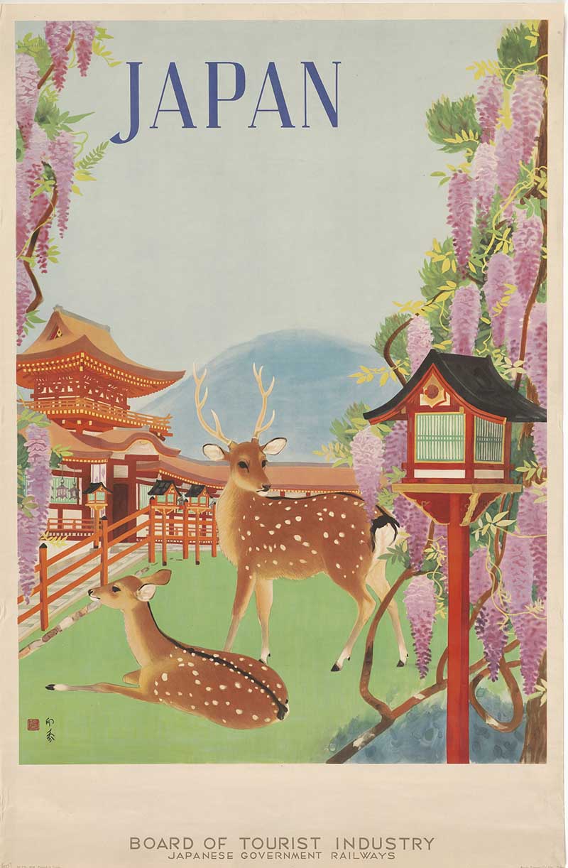 Spotted deer among purple wisteria, red temple, and lantern with misty mountain beyond in a vintage Japanese travel poster
