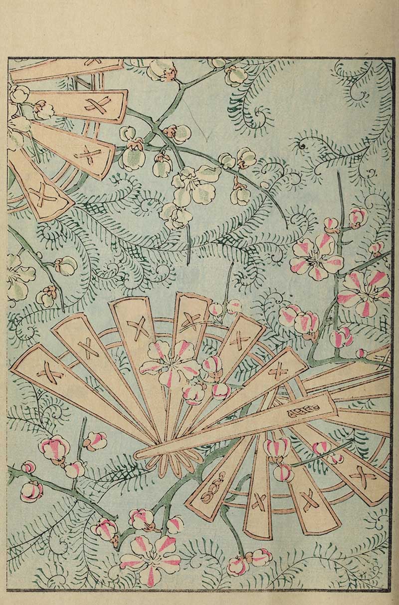 Japanese textile pattern with folding fans and character markings among curling fern fronds and pink plum blossoms on pale blue-green background vintage Nippon collection
