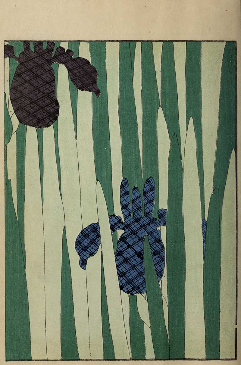 Japanese textile pattern with iris flowers in purple and blue among tall blade-like leaves in green vertical stripes vintage Nippon collection