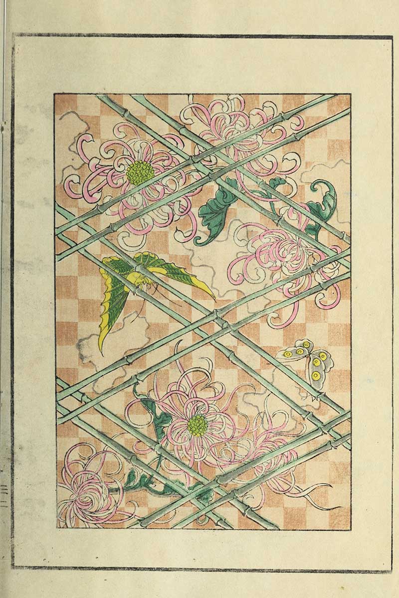 Pink chrysanthemums with green bamboo lattice and butterfly on checkered background, vintage Nippon collection