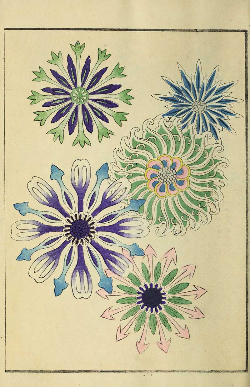 Stylized chrysanthemum motifs in blue, purple, green, and pink on cream background from a vintage Nippon collection