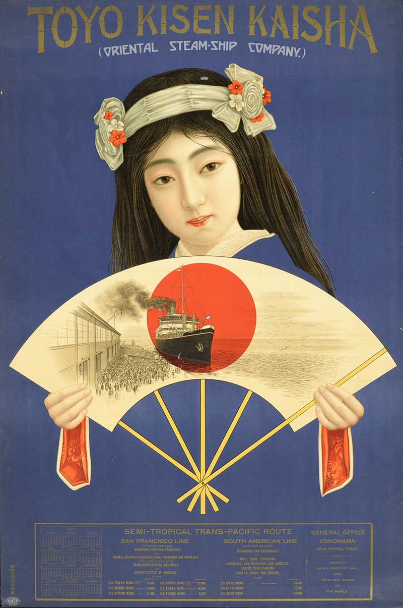Girl with floral hair ornaments holds a fan depicting a steamship against a red sun on a blue vintage Japanese travel poster