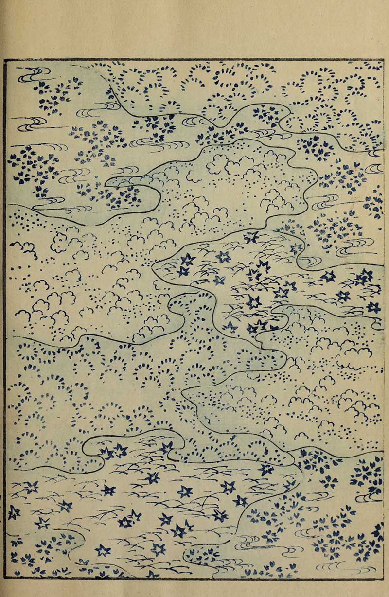 Japanese textile pattern in indigo blue on cream with meandering stream bordered by cherry blossoms maple leaves and pine clusters vintage Nippon collection
