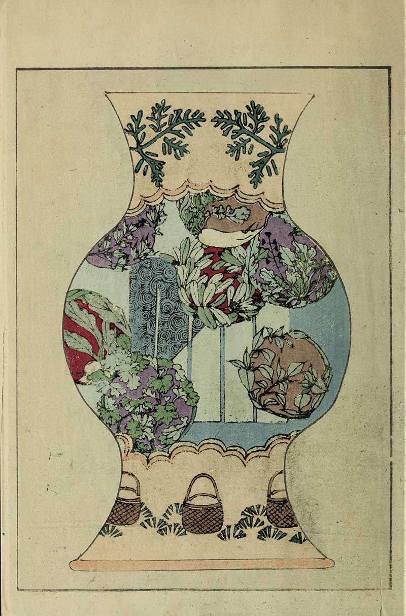 Ornate vase with teal foliage, purple and red florals, blue swirl panels, and woven baskets, vintage Nippon collection