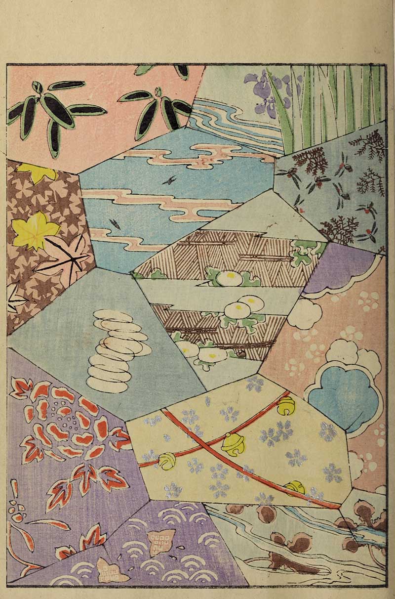 Japanese textile patchwork design with polygonal sections containing water clouds bamboo irises maple leaves cherry blossoms and wave patterns in pastels vintage Nippon collection