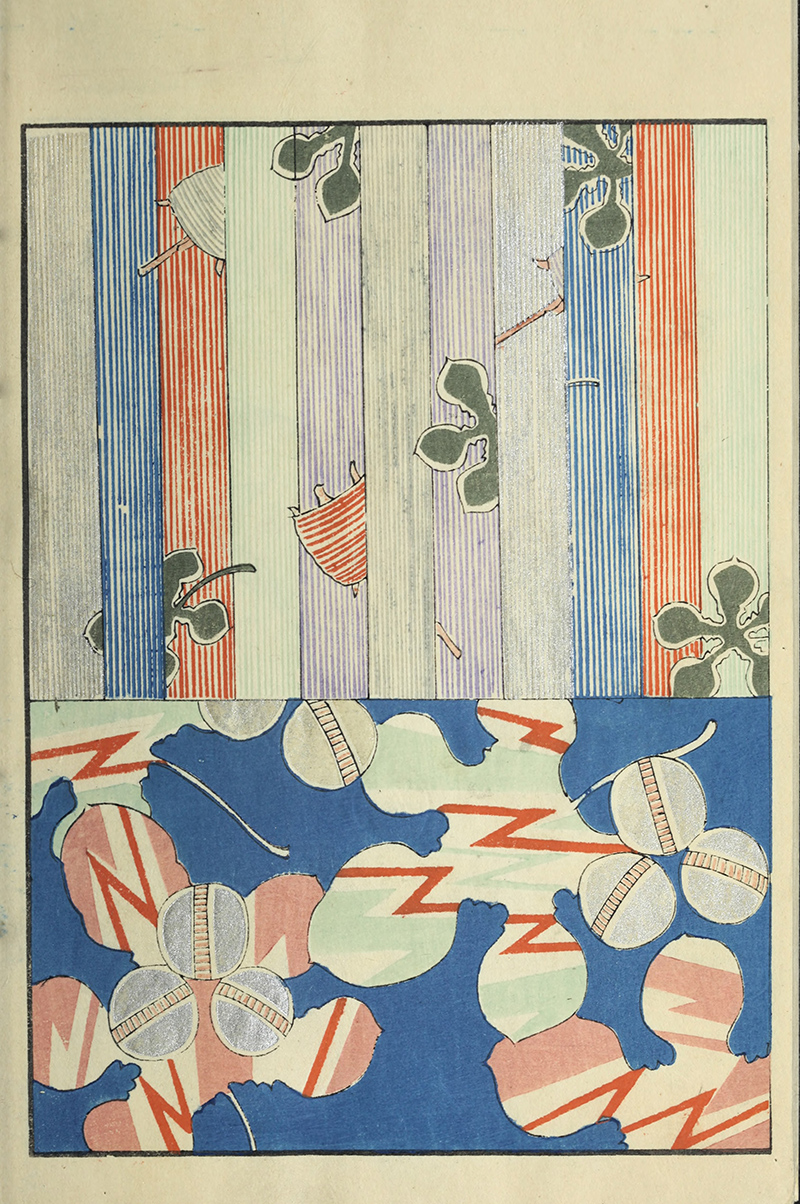 Japanese textile patterns with vertical stripes and gourd vine leaves plus stylized flowers with red lightning motifs on blue vintage Nippon collection