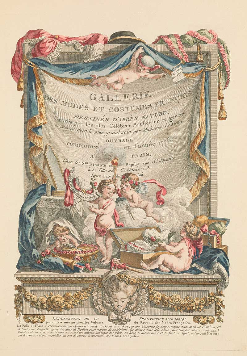 Ornate Galerie des Modes title page with draped fabric, cherubs, flowers, and engraved lettering, French Galerie des Modes fashion print 18th century costume illustration