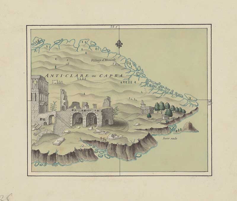 Antique d’Anville view-map of Anti-Clare or Capra, showing a rocky island landscape with ruins, harbour arches and hills