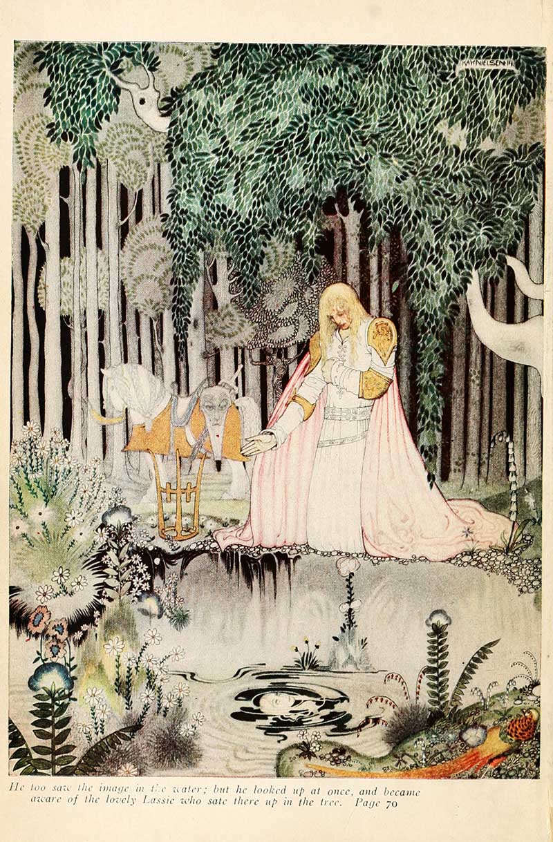 Kay Nielsen illustration from The Lassie and Her Godmother showing a man looking up at the lovely lassie seated high in a tree above a forest pool