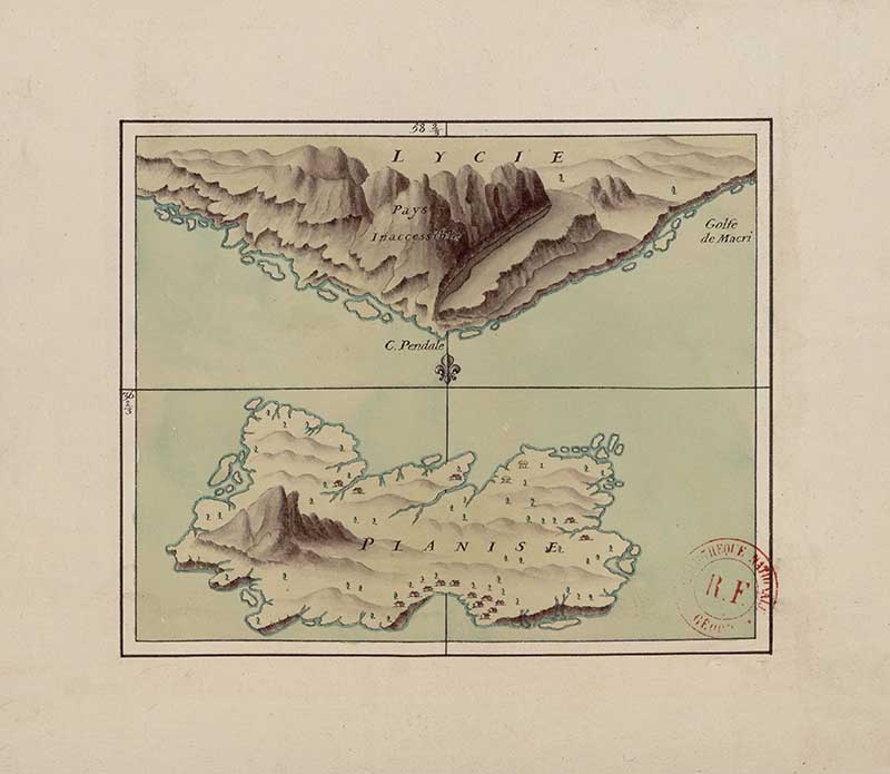 Manuscript map of Planise island off the Lycian coast, showing two hilly island views with coastal outlines and a compass line