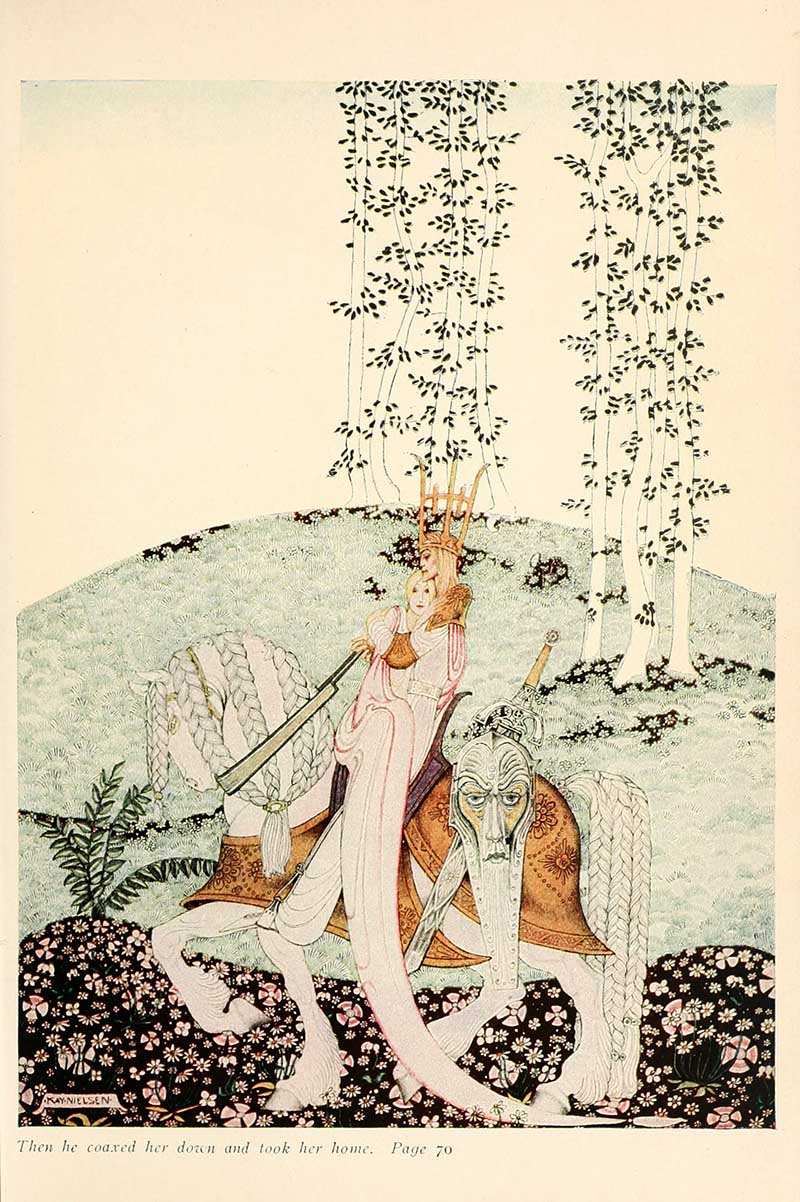 Kay Nielsen illustration from The Lassie and Her Godmother showing the man coaxing the lassie down among slender birch trees and flowers