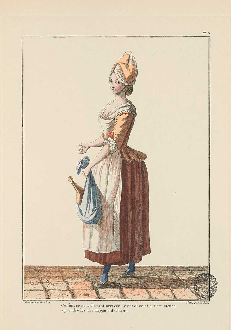 Servant woman in brown skirt, white apron, head wrap, and blue shoes carrying a chair across a tiled floor, French Galerie des Modes fashion print 18th century costume illustration