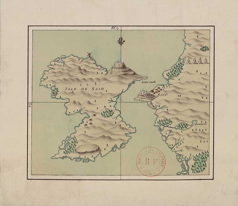Manuscript map of Said island opposite the town of Saida, modern Sidon, with surrounding coast, shaded hills and anchorages