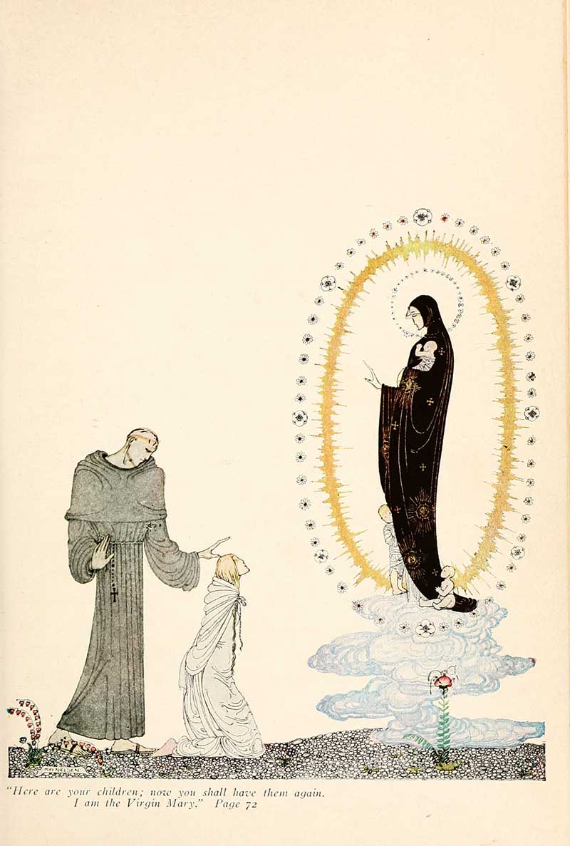 Kay Nielsen illustration from The Lassie and Her Godmother showing the Virgin Mary returning the children to the kneeling mother