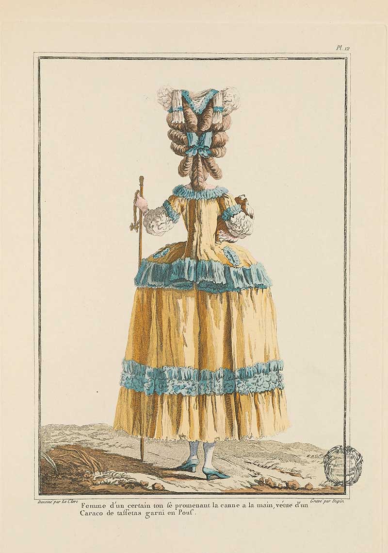 Woman viewed from behind in a yellow gown with blue trim and tall sculpted hairstyle, holding a cane outdoors, French Galerie des Modes fashion print 18th century costume illustration