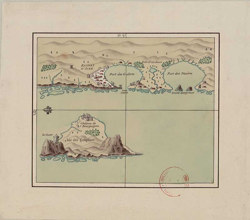 Manuscript map of the Knights Templar island opposite Acre, showing the bay, coastline, fortifications and a rocky island profile