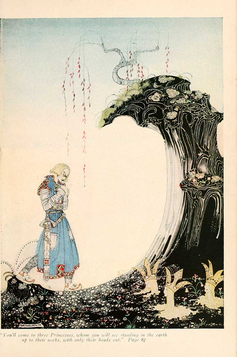 Kay Nielsen illustration from The Three Princesses of Whiteland showing three princesses standing in the earth up to their necks beneath a strange tree