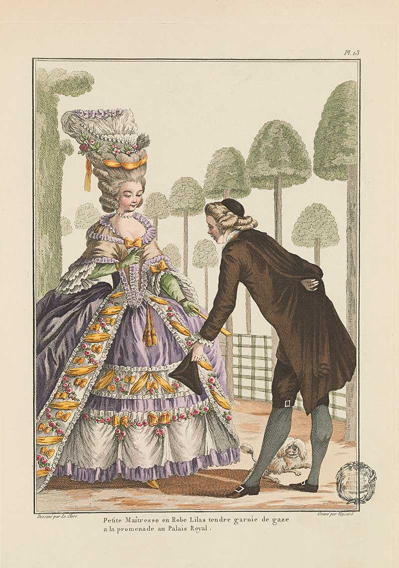 Courtly woman in a lavender floral gown and towering hat greeting a bowing gentleman in a garden, French Galerie des Modes fashion print 18th century costume illustration