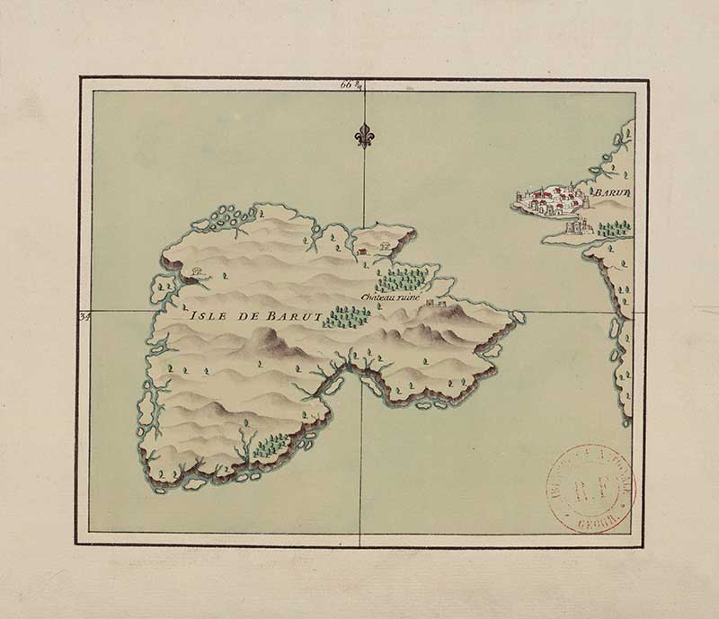 Manuscript map of the island of Barut facing modern Beirut, with the city shoreline, coastal soundings and shaded island relief