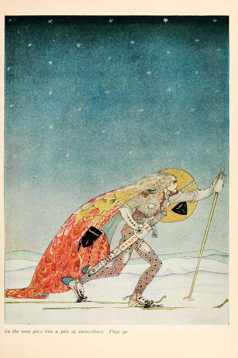 Kay Nielsen illustration from The Three Princesses of Whiteland showing the hero travelling across the snow with magical snow shoes under a starry sky