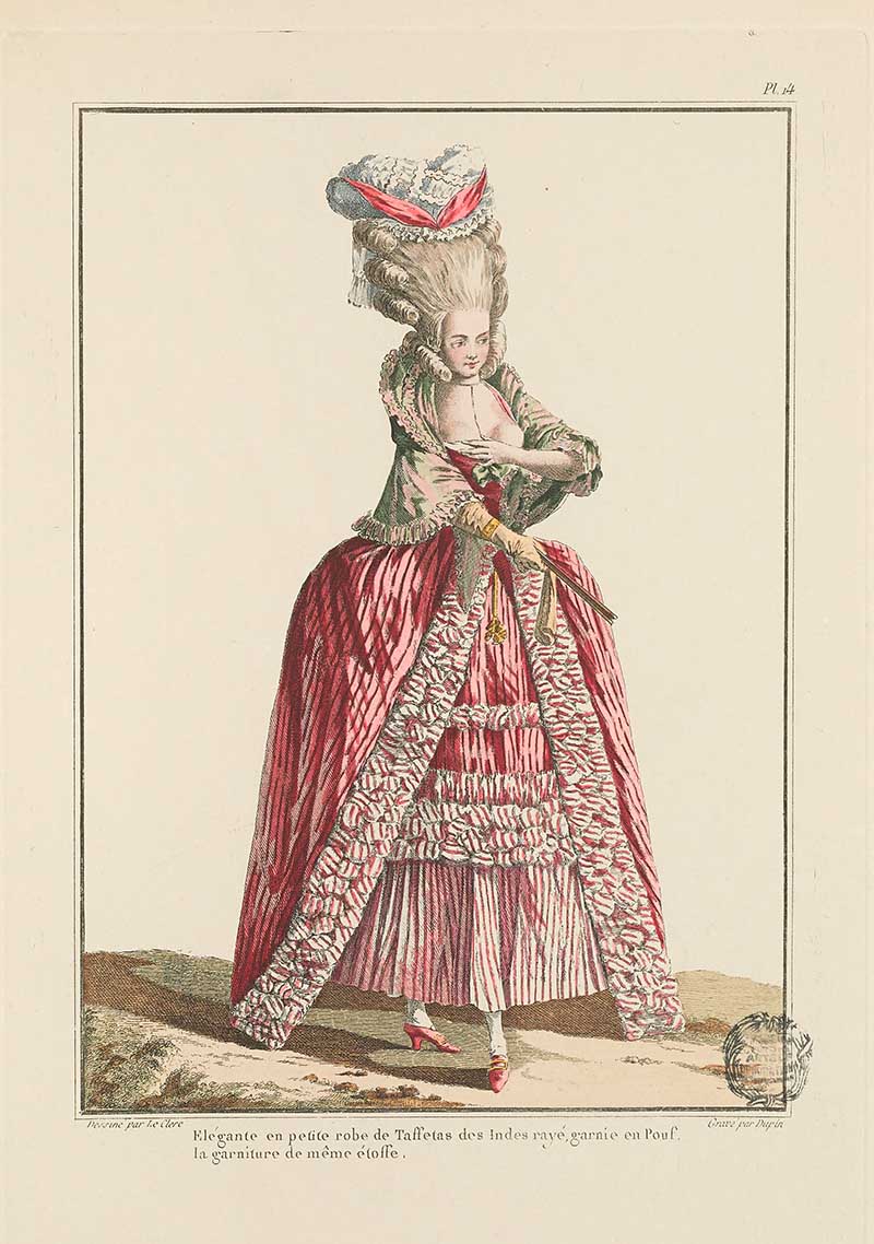 Woman in a rose pink ruffled gown with patterned overskirt and high feathered hair standing in profile, French Galerie des Modes fashion print 18th century costume illustration
