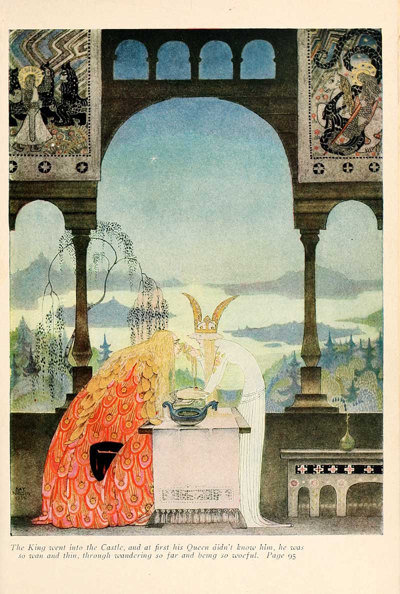Kay Nielsen illustration from The Three Princesses of Whiteland showing the king returning to the castle and queen after his long wandering