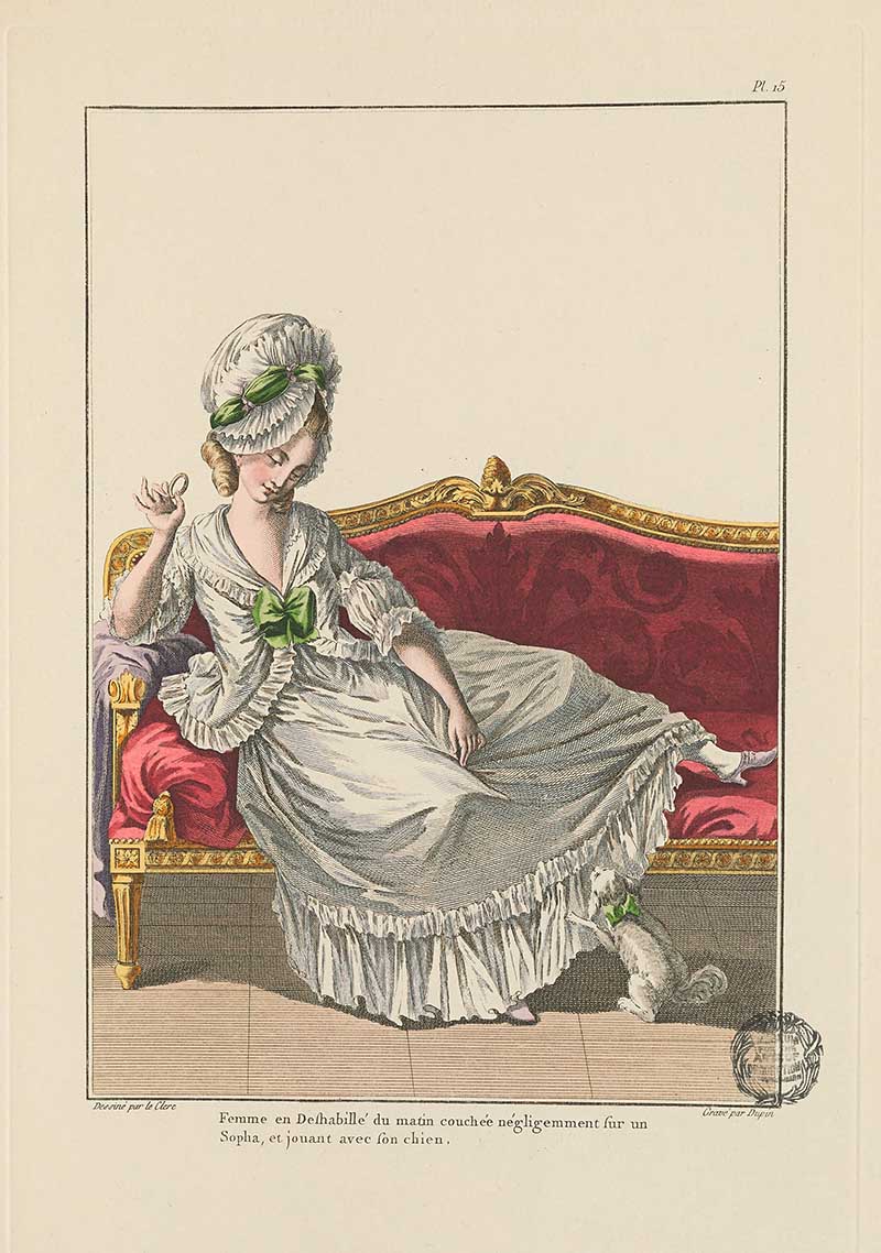 Seated woman in a pale grey dress and green ribboned bonnet reclining on a red and gold sofa, French Galerie des Modes fashion print 18th century costume illustration