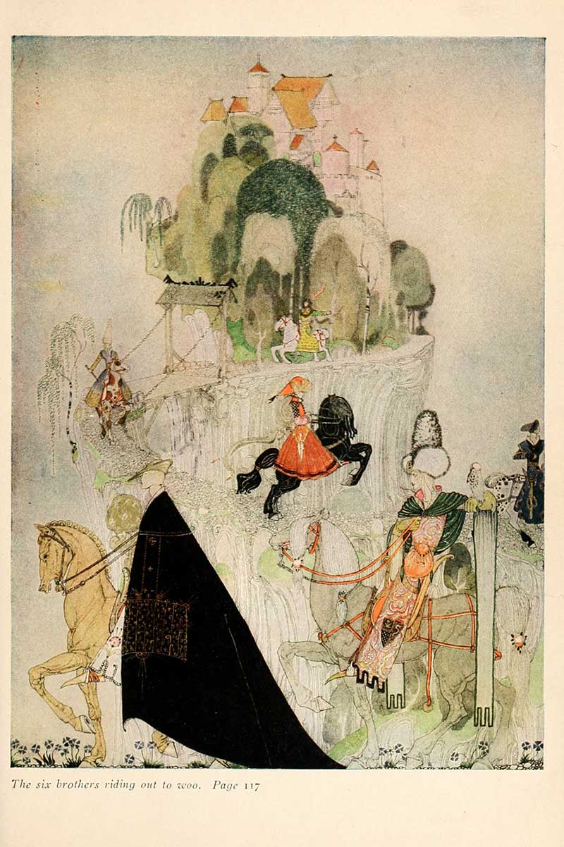 Kay Nielsen illustration from The Giant Who Had No Heart in His Body showing the six brothers riding out to woo beneath a mountain castle