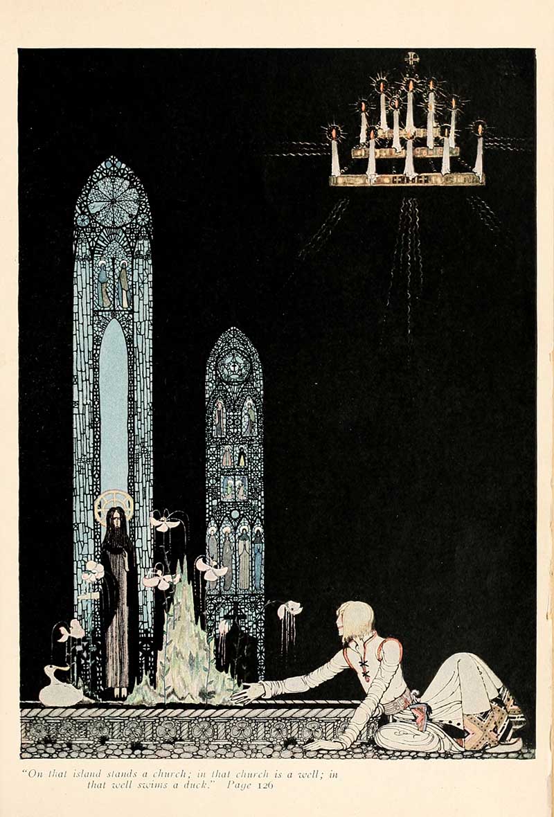 Kay Nielsen illustration from The Giant Who Had No Heart in His Body showing the island church, well, and duck where the giant’s heart is hidden
