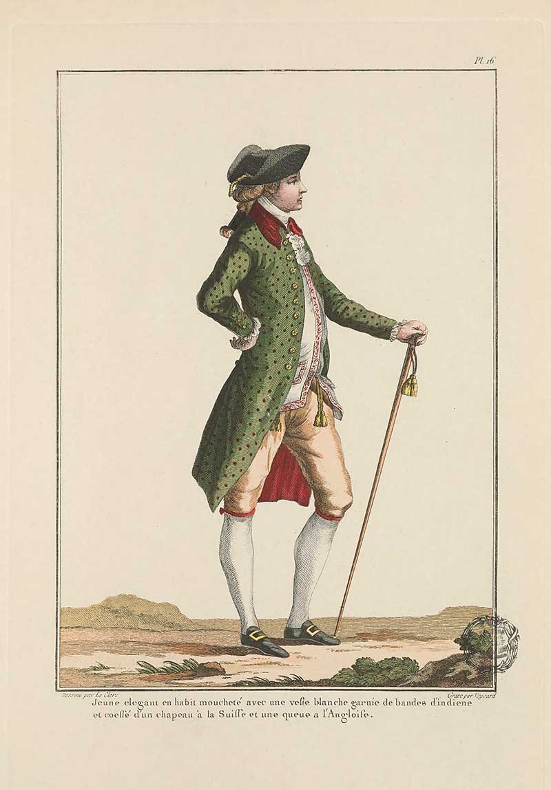Gentleman in green coat, black tricorn hat, cream breeches, and walking cane standing in a landscape, French Galerie des Modes fashion print 18th century costume illustration