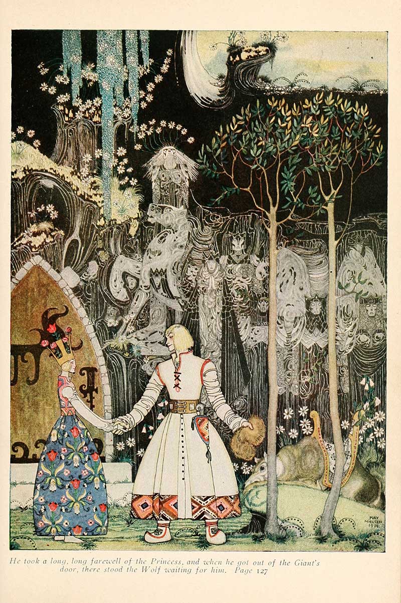 Kay Nielsen illustration from The Giant Who Had No Heart in His Body showing the prince saying farewell to the princess with the wolf waiting outside